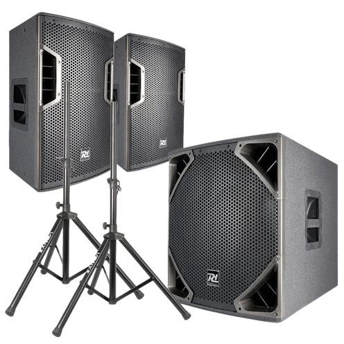 Zestaw nagłośnieniowy 2600W 2x kolumna aktywna 12'' subwoofer 15'' statywy okablowanie