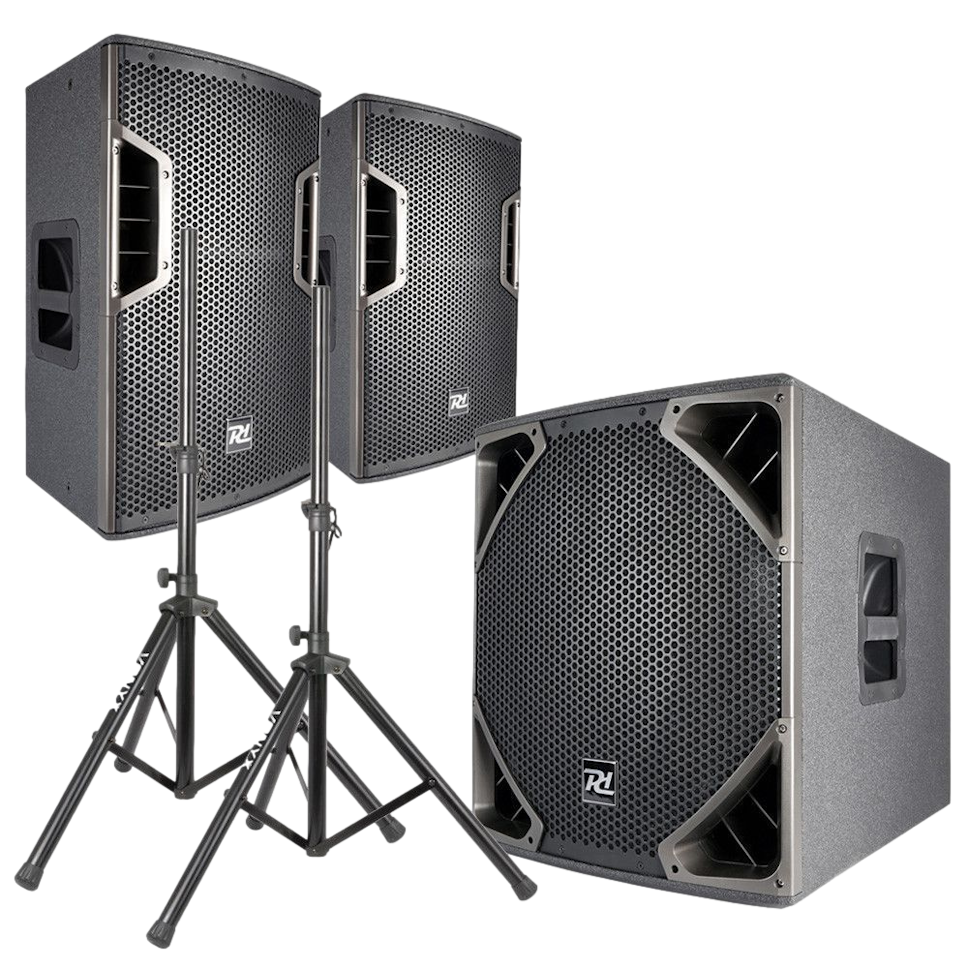 Zestaw nagłośnieniowy 2600W 2x kolumna aktywna 12'' subwoofer 15'' statywy okablowanie