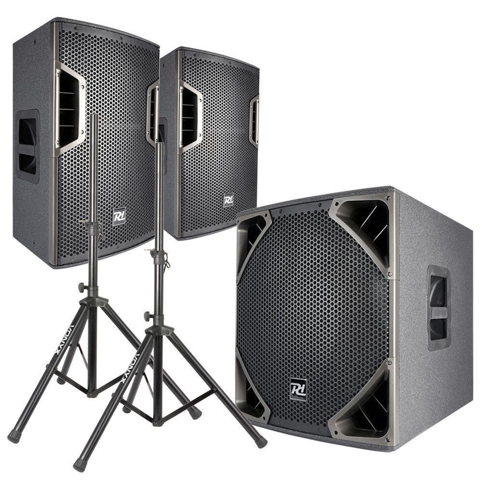 Zestaw nagłośnieniowy 2600W 2x kolumna aktywna 12'' subwoofer 15'' statywy okablowanie