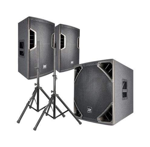 Zestaw nagłośnieniowy 2600W 2x kolumna aktywna 12'' subwoofer 15'' statywy okablowanie